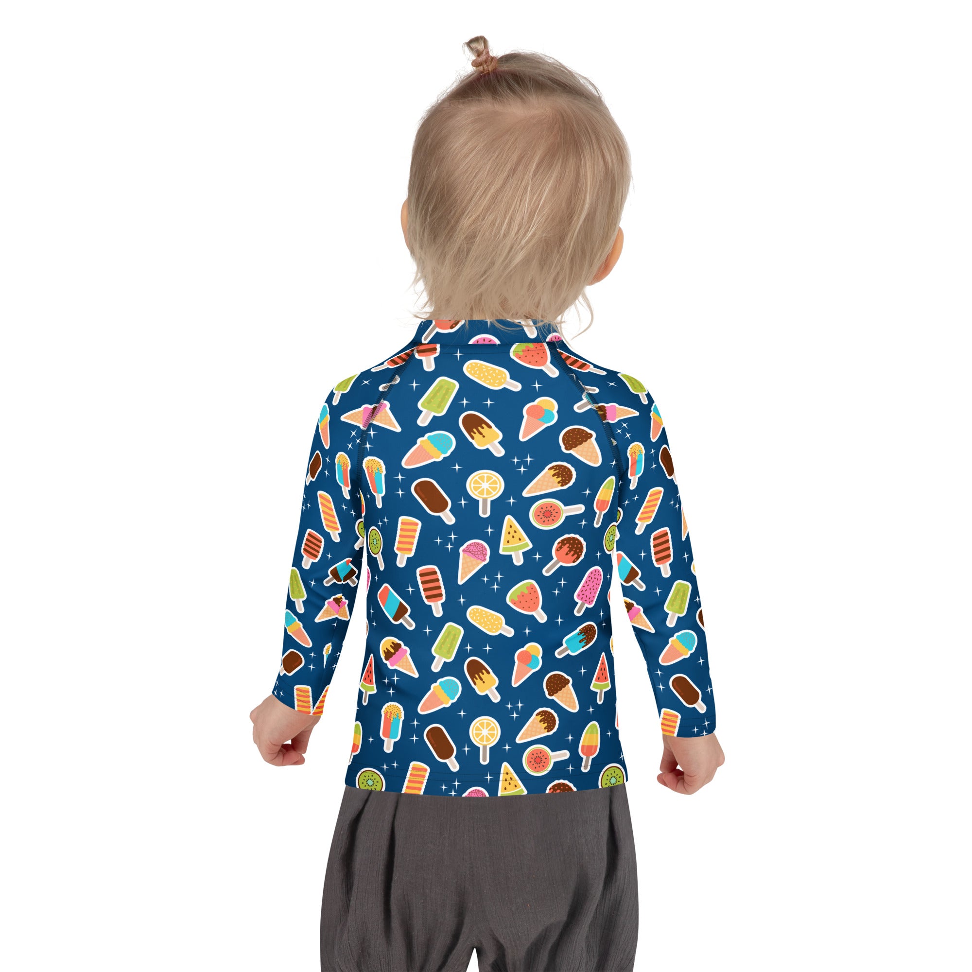 Kids Blue Ice Cream & Popsicle Long Sleeve Rash Guard Swim Shirt – Buttery Soft, Sun Safe UPF 50+ Protection, Quick Dry & 4-Way Stretch Comfort