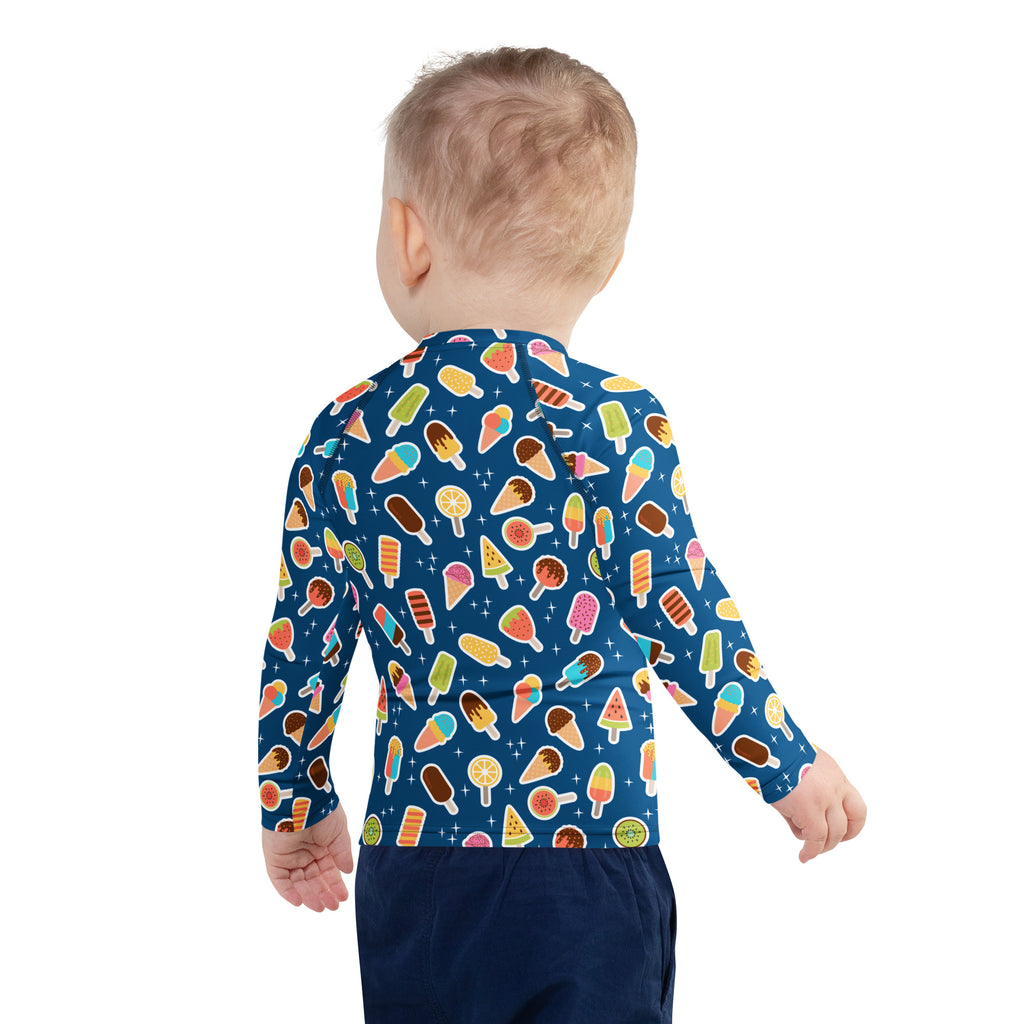 Kids Blue Ice Cream & Popsicle Long Sleeve Rash Guard Swim Shirt – Buttery Soft, Sun Safe UPF 50+ Protection, Quick Dry & 4-Way Stretch Comfort