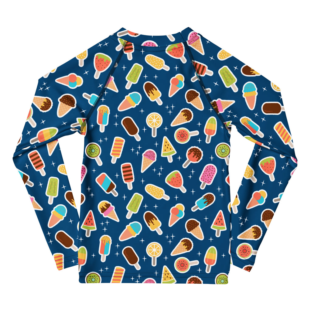 Kids Blue Ice Cream & Popsicle Long Sleeve Rash Guard Swim Shirt – Buttery Soft, Sun Safe UPF 50+ Protection, Quick Dry & 4-Way Stretch Comfort