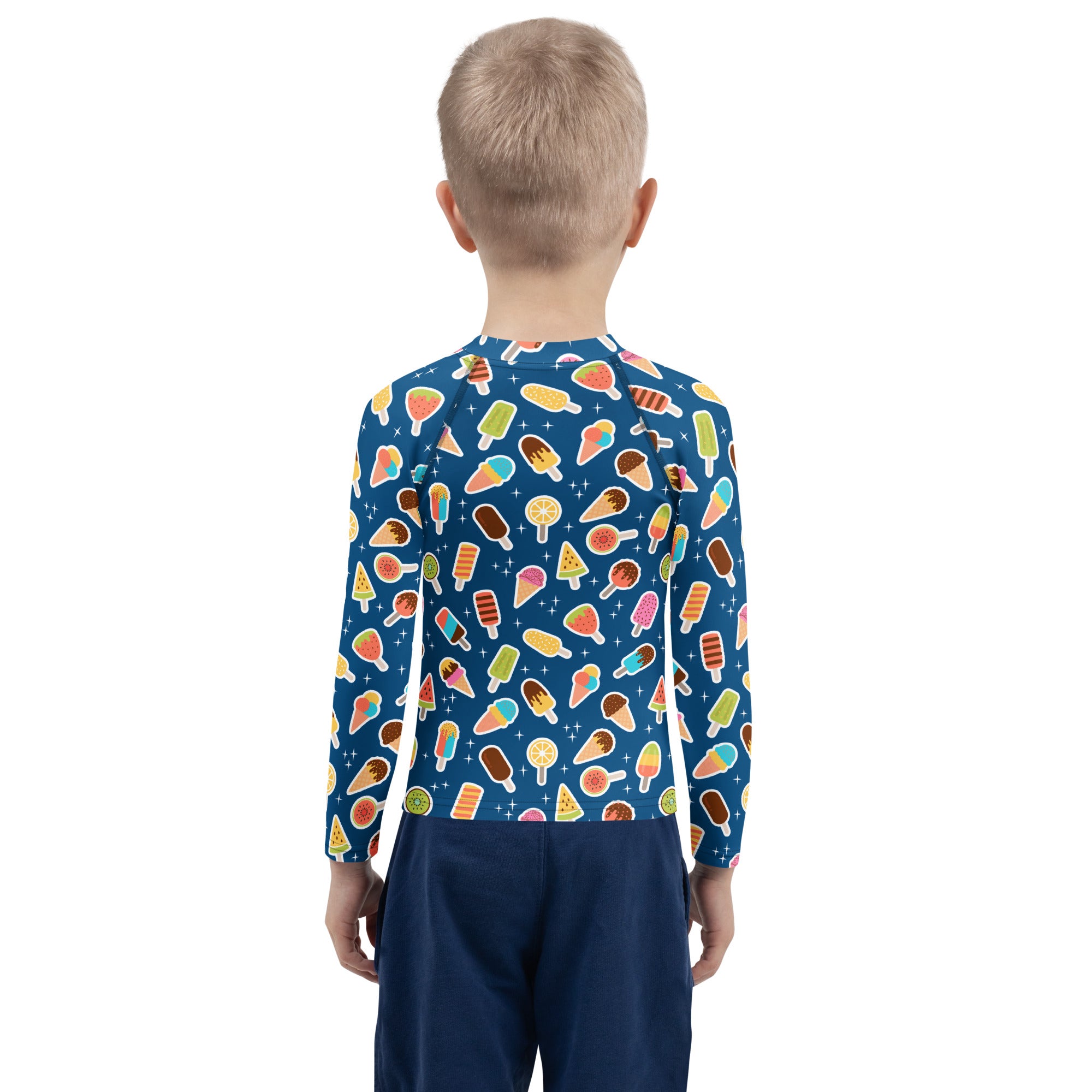 Kids Blue Ice Cream & Popsicle Long Sleeve Rash Guard Swim Shirt – Buttery Soft, Sun Safe UPF 50+ Protection, Quick Dry & 4-Way Stretch Comfort