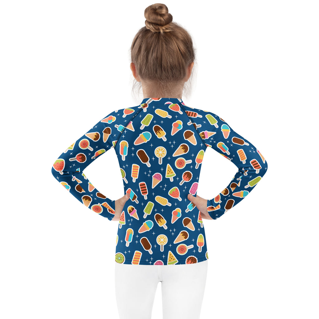 Kids Blue Ice Cream & Popsicle Long Sleeve Rash Guard Swim Shirt – Buttery Soft, Sun Safe UPF 50+ Protection, Quick Dry & 4-Way Stretch Comfort