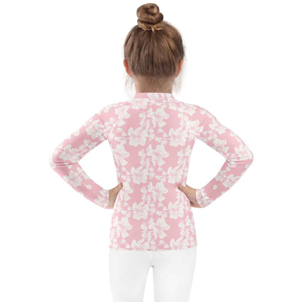 Girls Pink Tropical Hibiscus Long Sleeve Rash Guard Swim Shirt – Buttery Soft, Sun Safe UPF 50+ Protection, Quick Dry & 4-Way Stretch Comfort