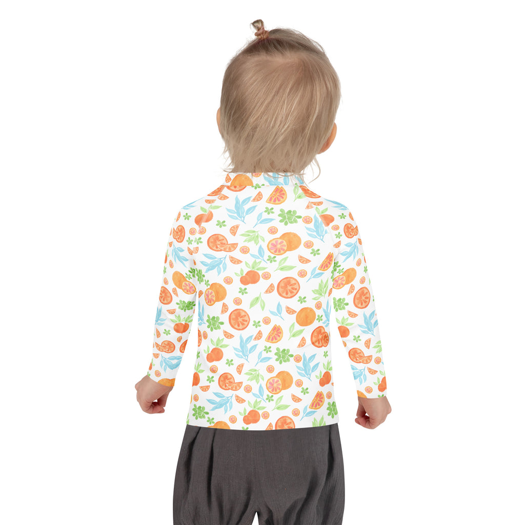 Kids Watercolor Citrus Orange Long Sleeve Rash Guard Swim Shirt – Buttery Soft, Sun Safe UPF 50+ Protection, Quick Dry & 4-Way Stretch Comfort