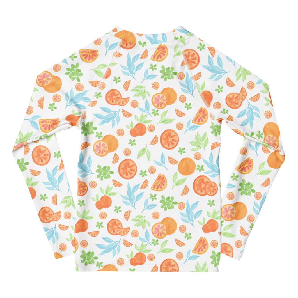Kids Watercolor Citrus Orange Long Sleeve Rash Guard Swim Shirt – Buttery Soft, Sun Safe UPF 50+ Protection, Quick Dry & 4-Way Stretch Comfort