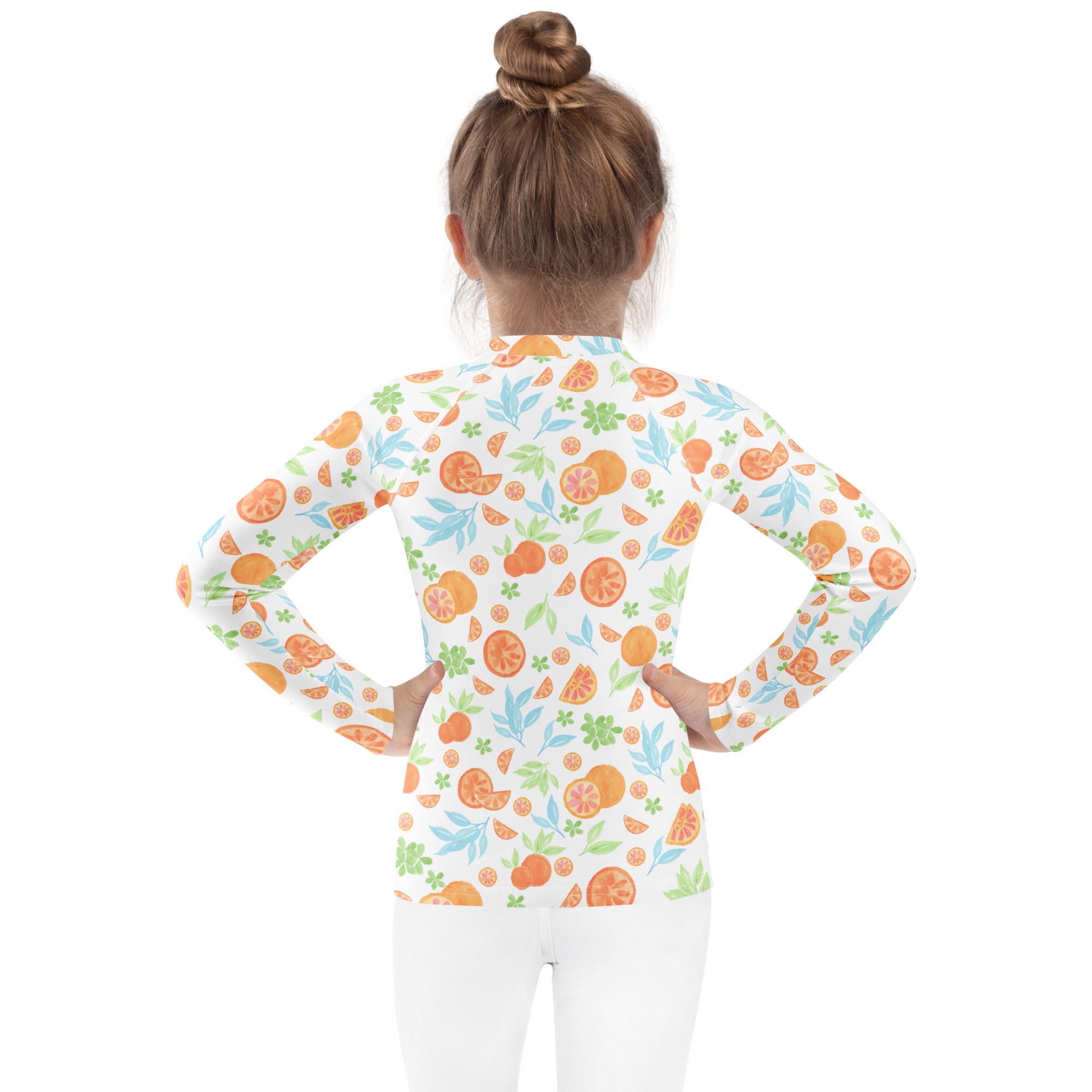Kids Watercolor Citrus Orange Long Sleeve Rash Guard Swim Shirt – Buttery Soft, Sun Safe UPF 50+ Protection, Quick Dry & 4-Way Stretch Comfort