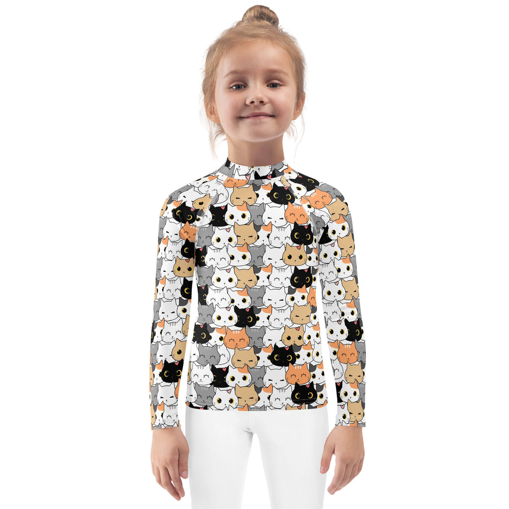 Girls Cat Face Long Sleeve Rash Guard Swim Shirt With UPF 50+