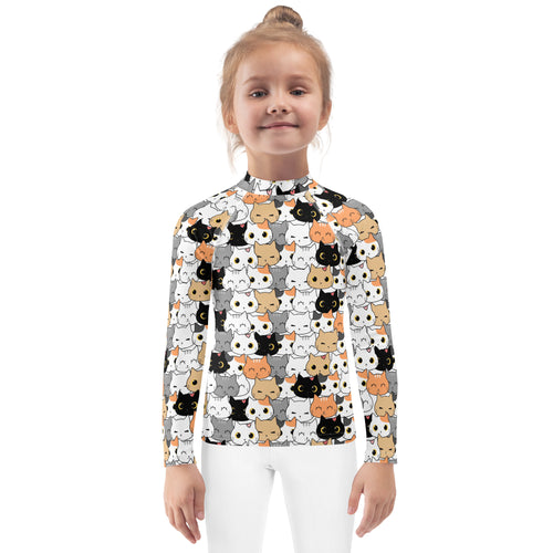 Girls cat face long sleeve rash guard swim shirt with upf 50 featuring colorful cartoon cat pattern on high neck design