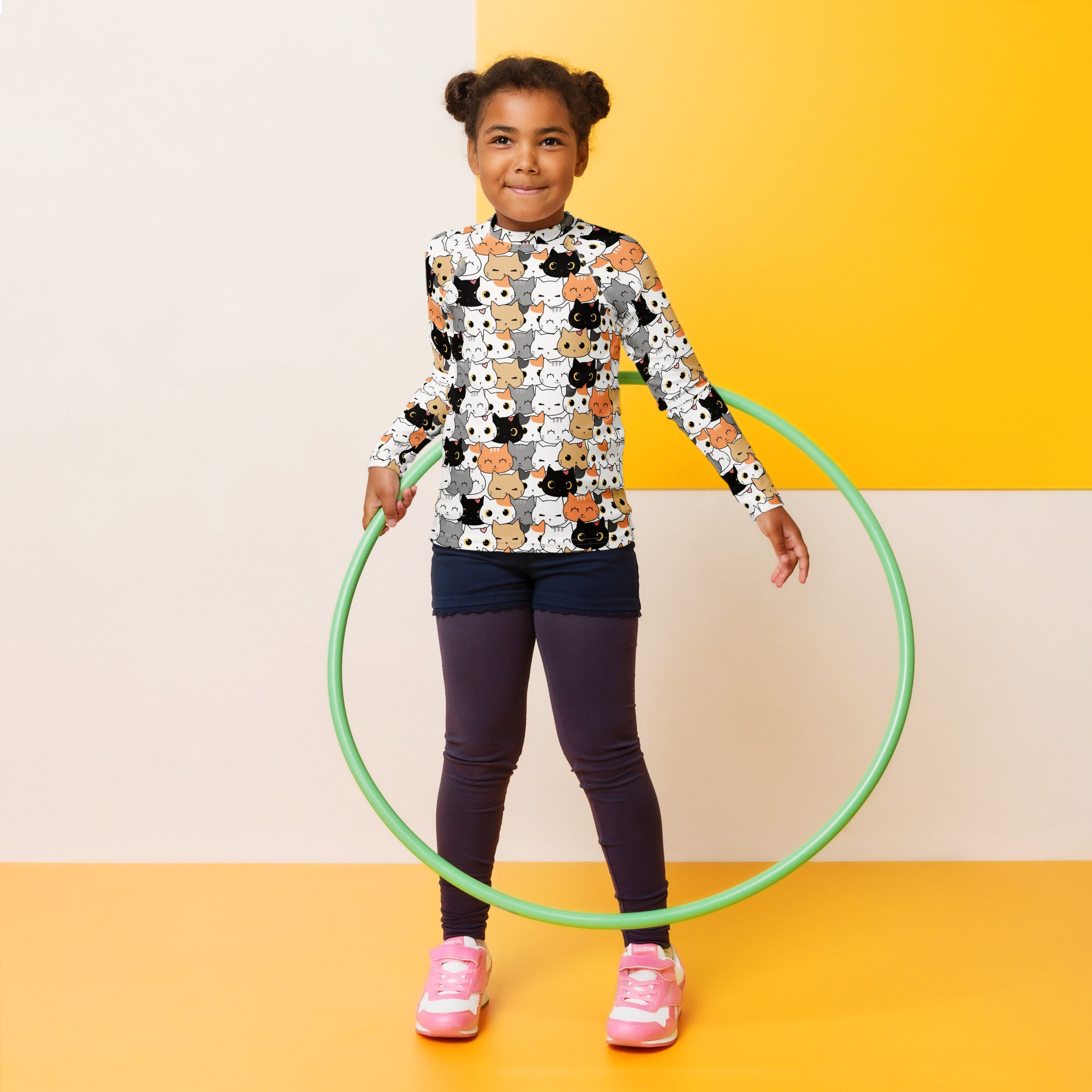 Girls Cat Face Long Sleeve Rash Guard Swim Shirt With UPF 50+
