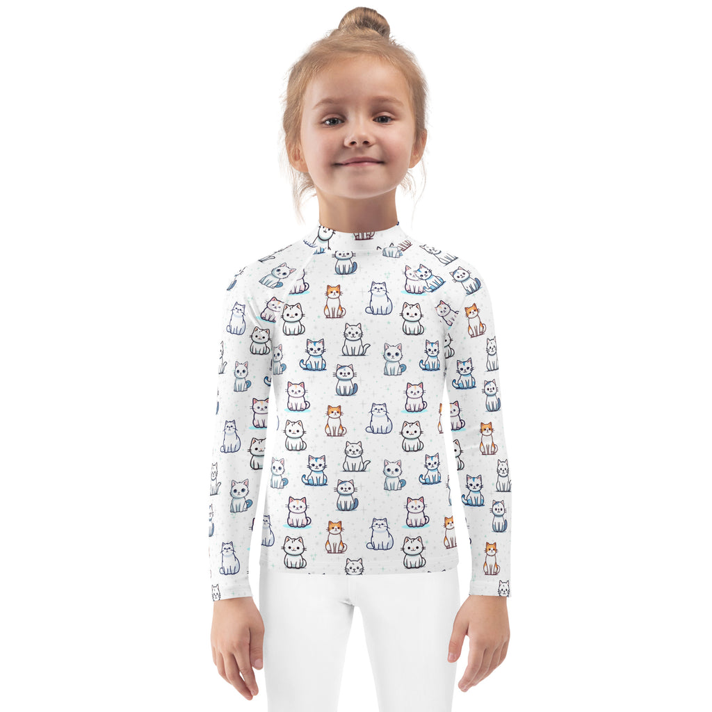 Girls Cat Pattern Long Sleeve Rash Guard Swim Shirt With UPF 50+