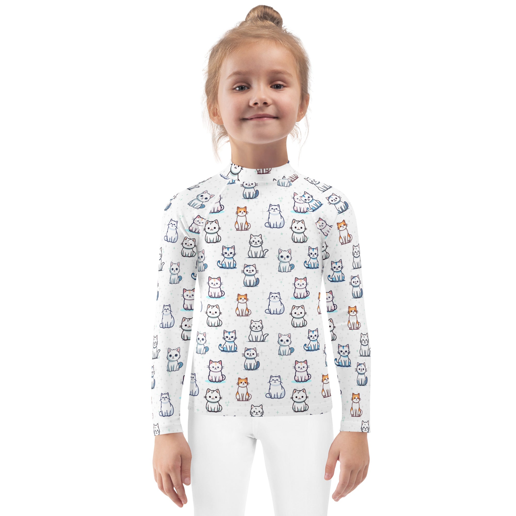 Girls Cat Pattern Long Sleeve Rash Guard Swim Shirt With UPF 50+