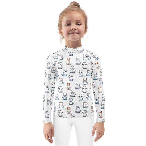White long sleeve girls rash guard swim shirt with colorful cartoon cat pattern and upf 50 plus sun protection