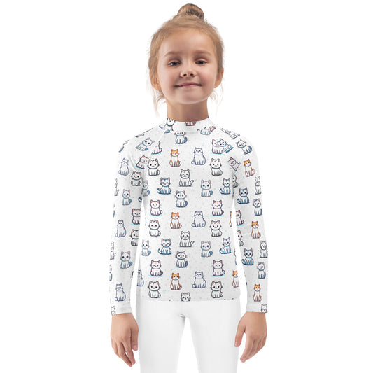 Girls Cat Pattern Long Sleeve Rash Guard Swim Shirt With UPF 50+