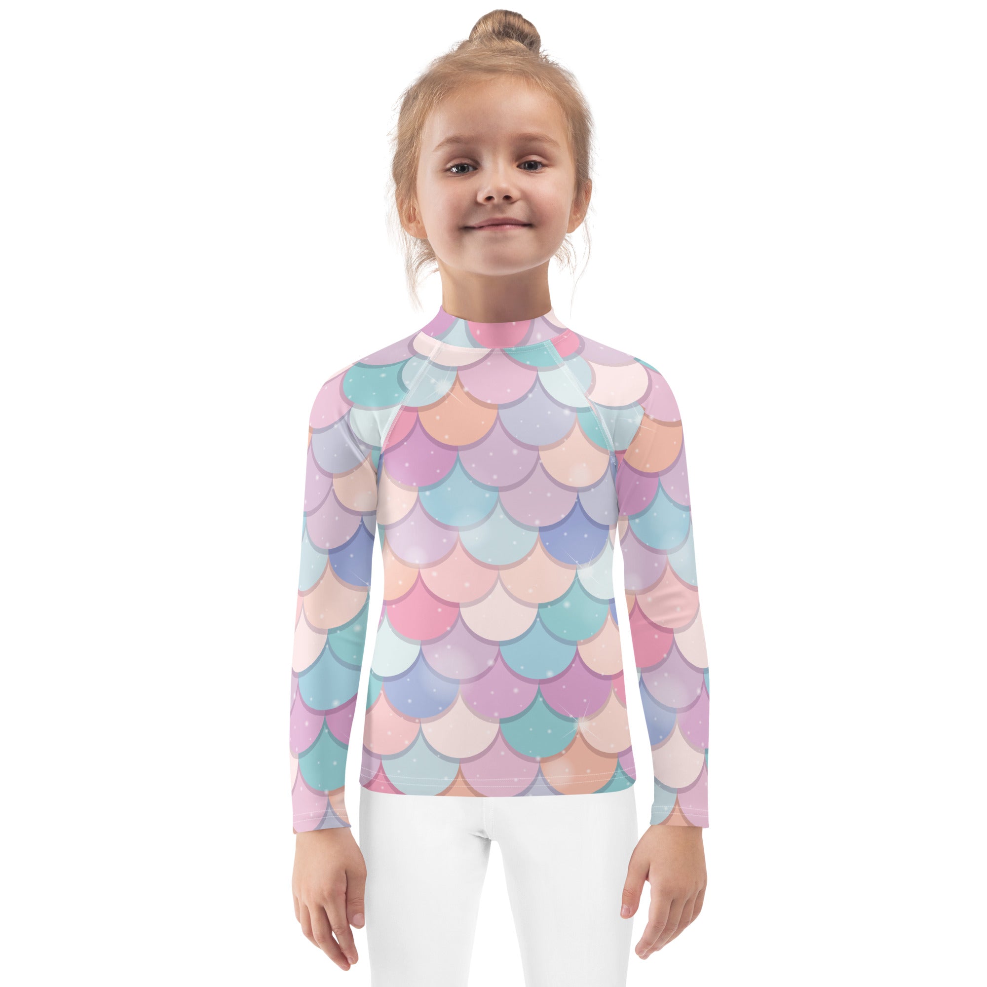 Girls Rainbow Mermaid Scales Long Sleeve Rash Guard Swim Shirt With UPF 50+