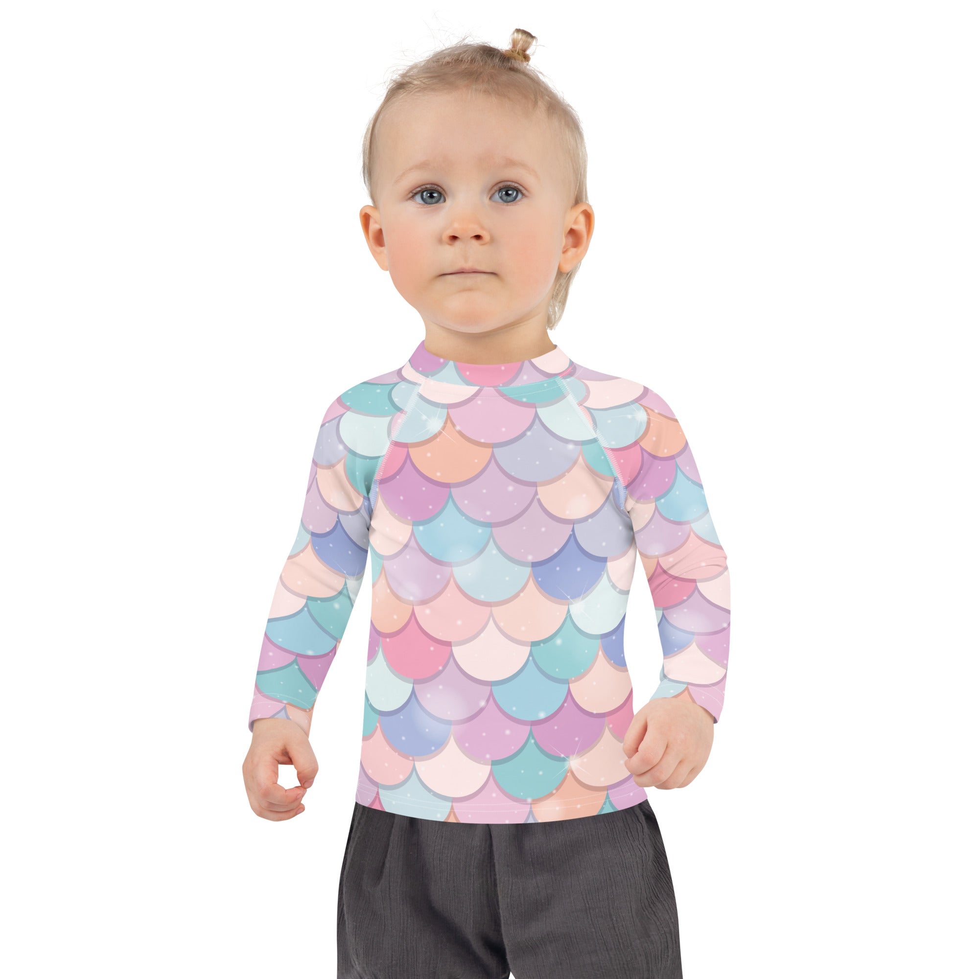 Girls Rainbow Mermaid Scales Long Sleeve Rash Guard Swim Shirt With UPF 50+