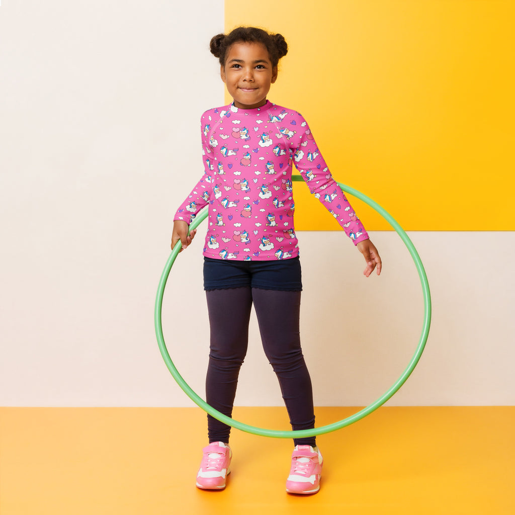 Green plastic hula hoop shown with girls unicorn hearts long sleeve rash guard swim shirt with upf 50 plus