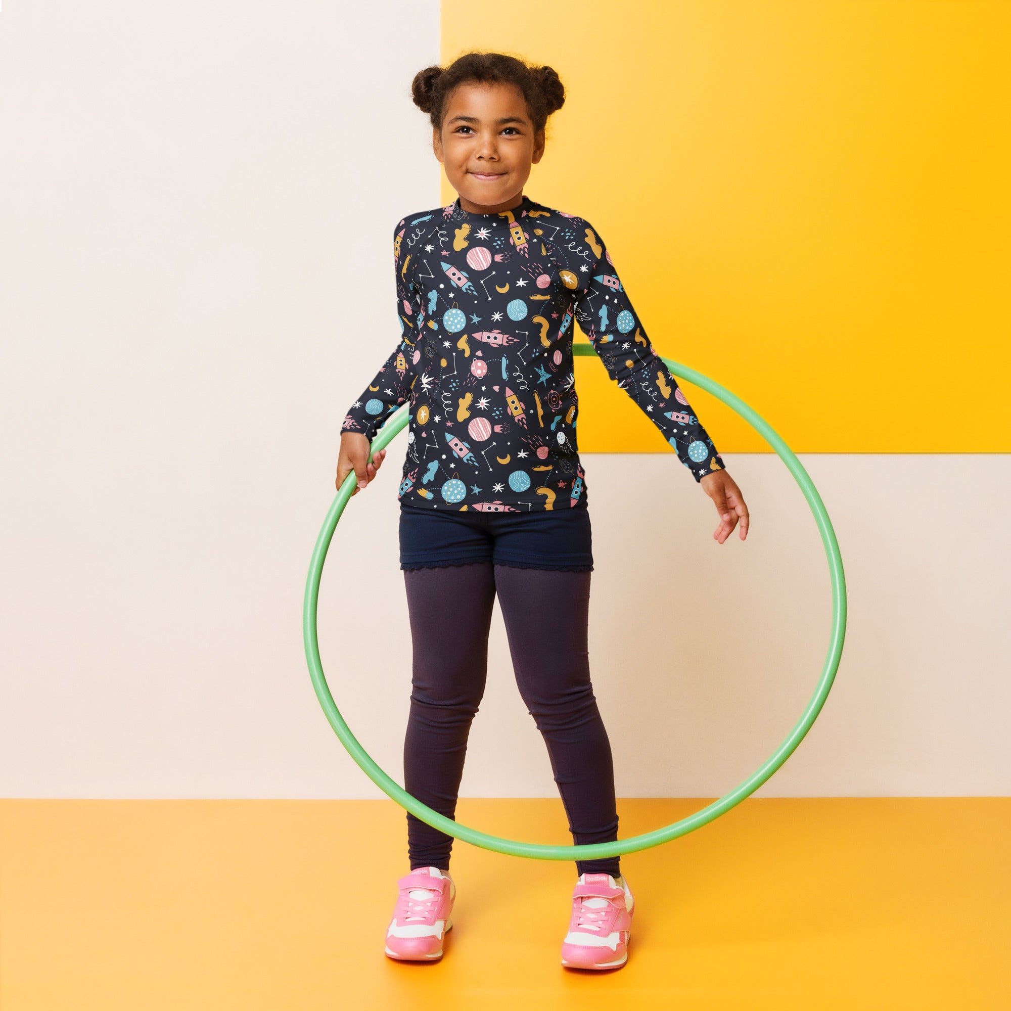 Kids Outer Space Rash Guard Long Sleeve Swim Shirt With UPF 50+