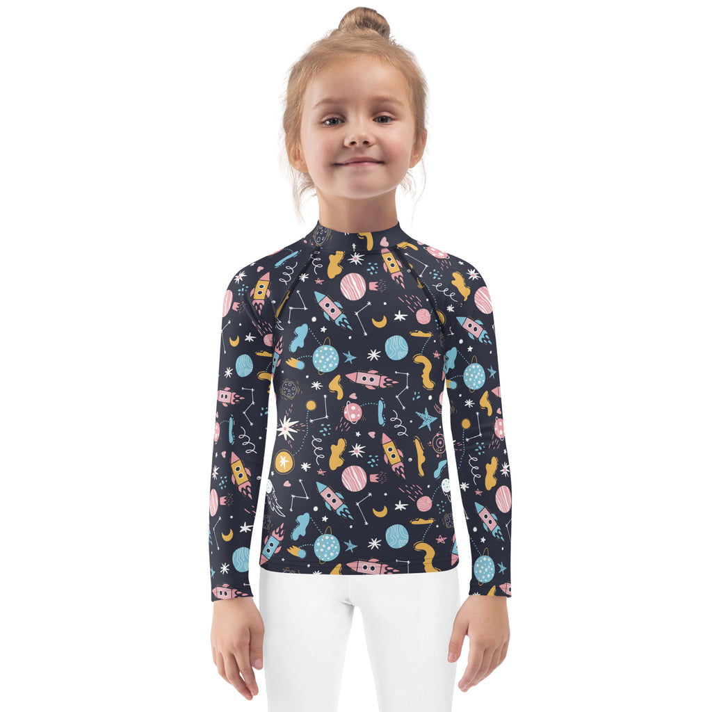 Kids Outer Space Rash Guard Long Sleeve Swim Shirt With UPF 50+