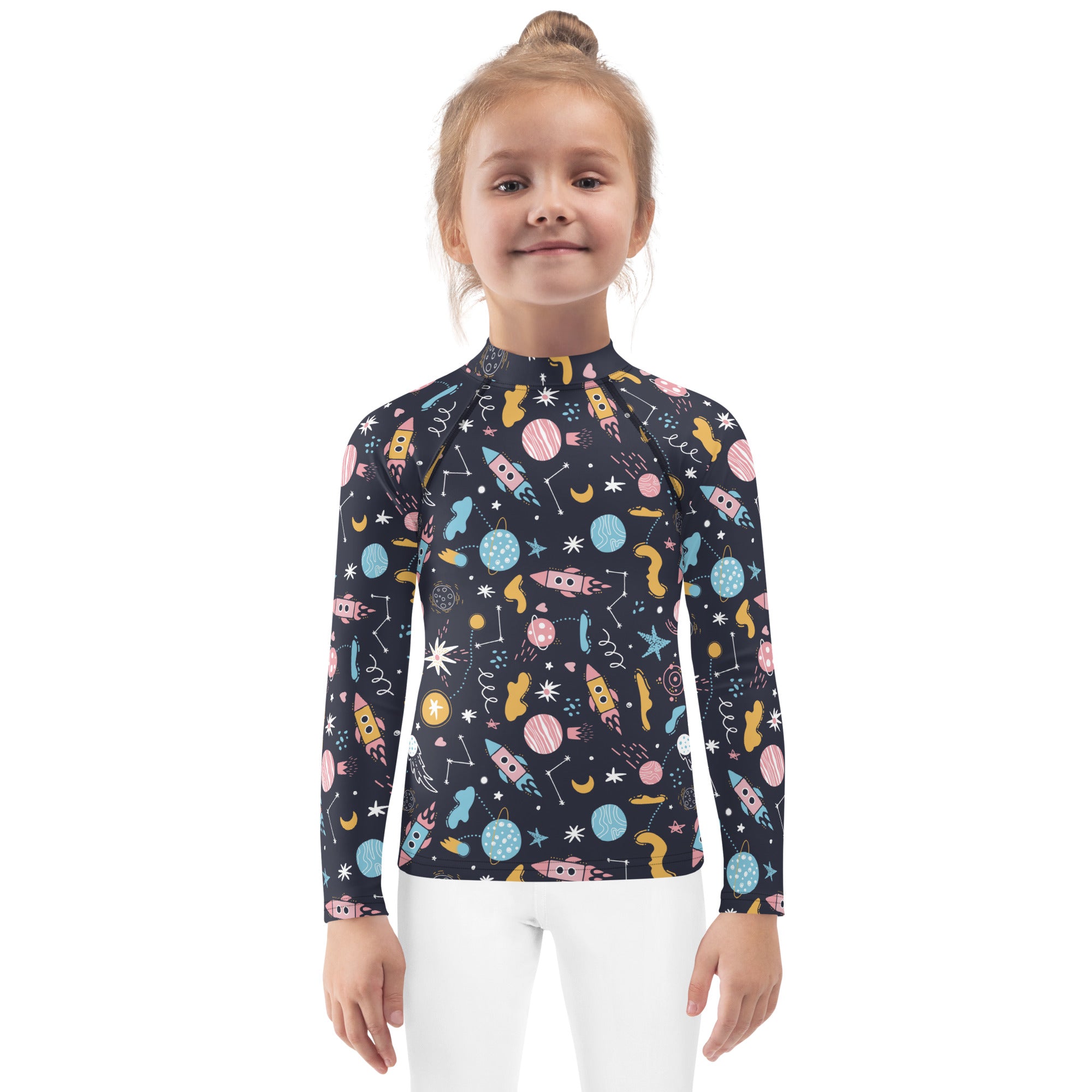 Kids Outer Space Rash Guard Long Sleeve Swim Shirt With UPF 50+
