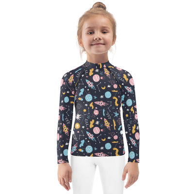 Kids Outer Space Rash Guard Long Sleeve Swim Shirt With UPF 50+