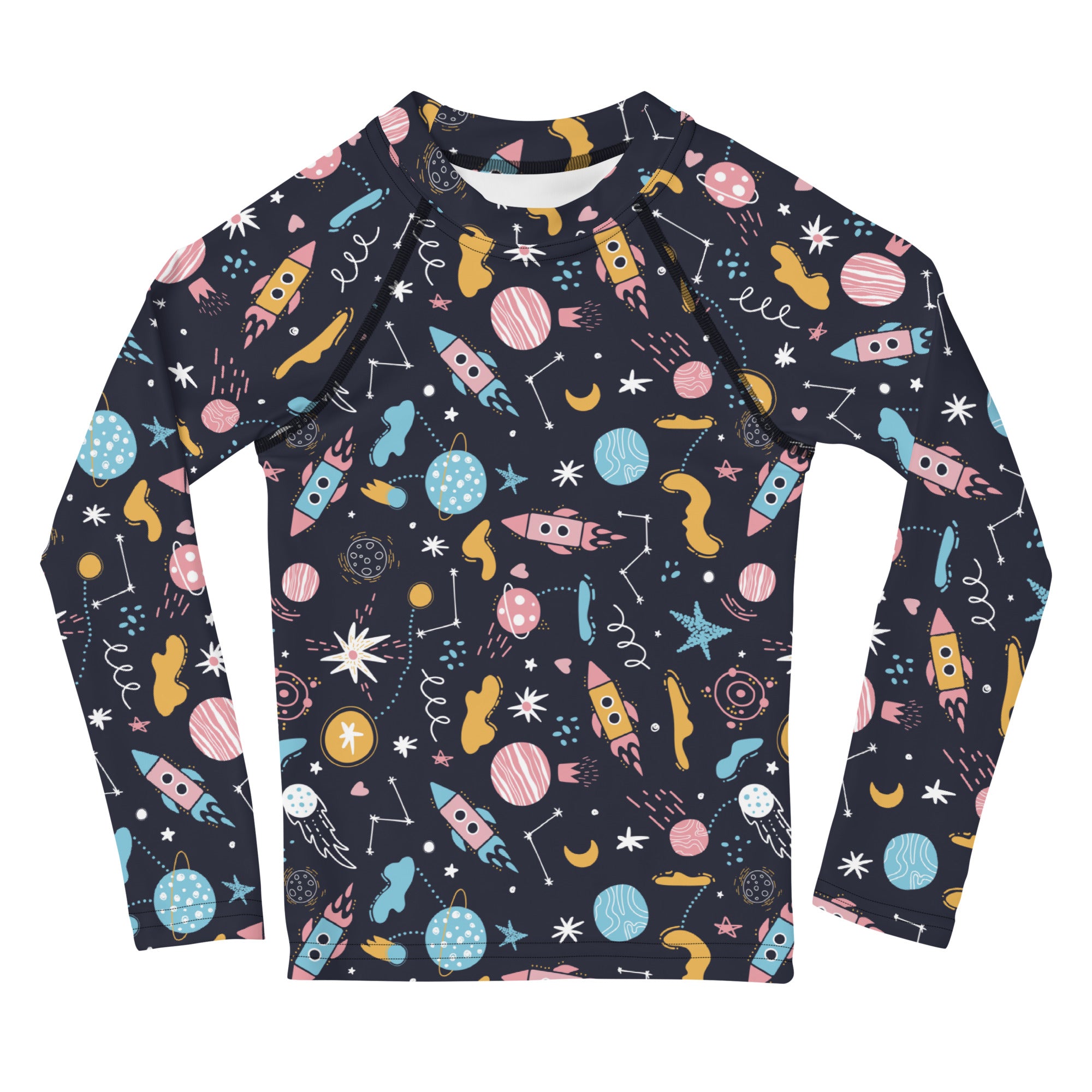 Kids Outer Space Rash Guard Long Sleeve Swim Shirt With UPF 50+