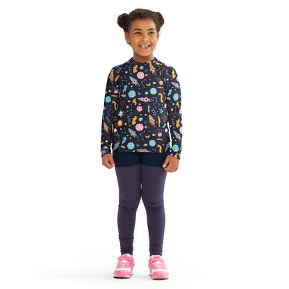 Kids Outer Space Rash Guard Long Sleeve Swim Shirt With UPF 50+