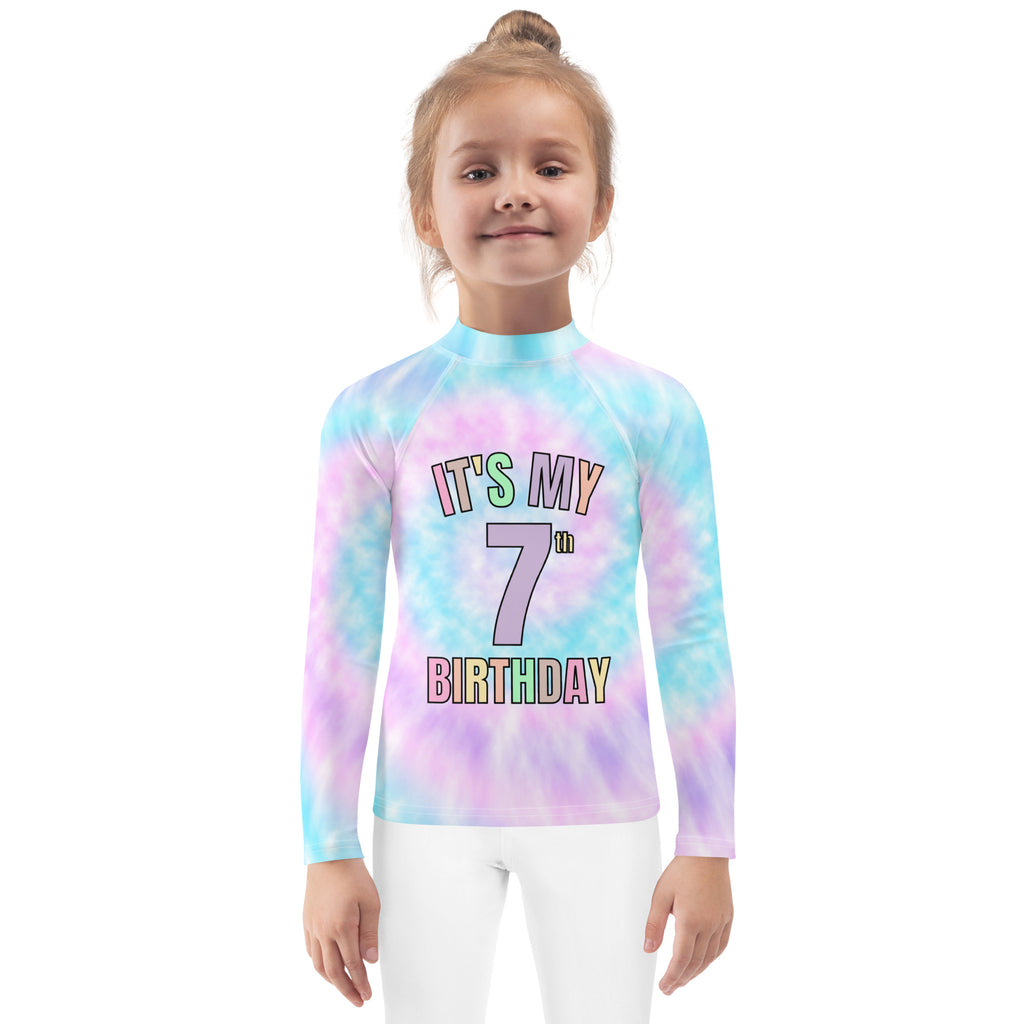 Girls tie dye pastel long sleeve rash guard swim shirt with colorful its my 7th birthday printed design