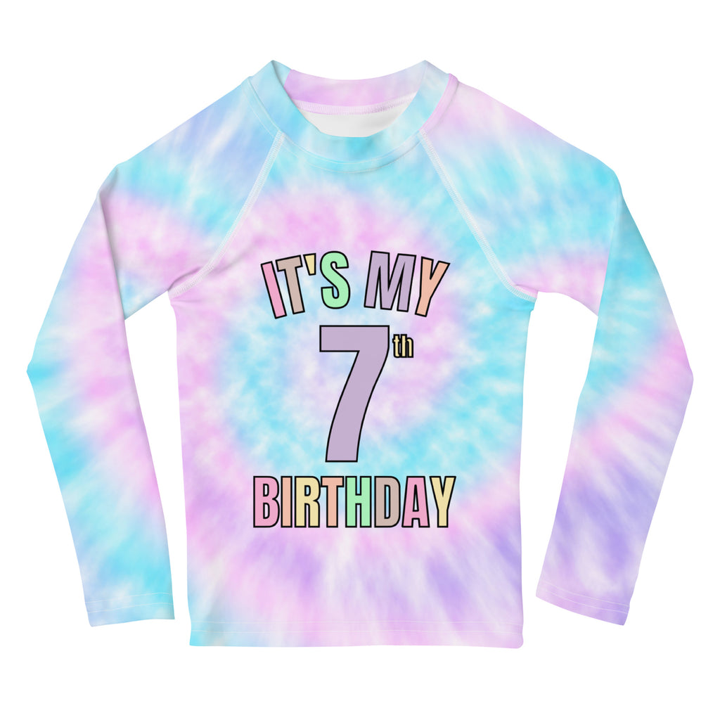 Girls pastel tie dye long-sleeved rash guard swim shirt with it’s my 7th birthday colorful outlined print