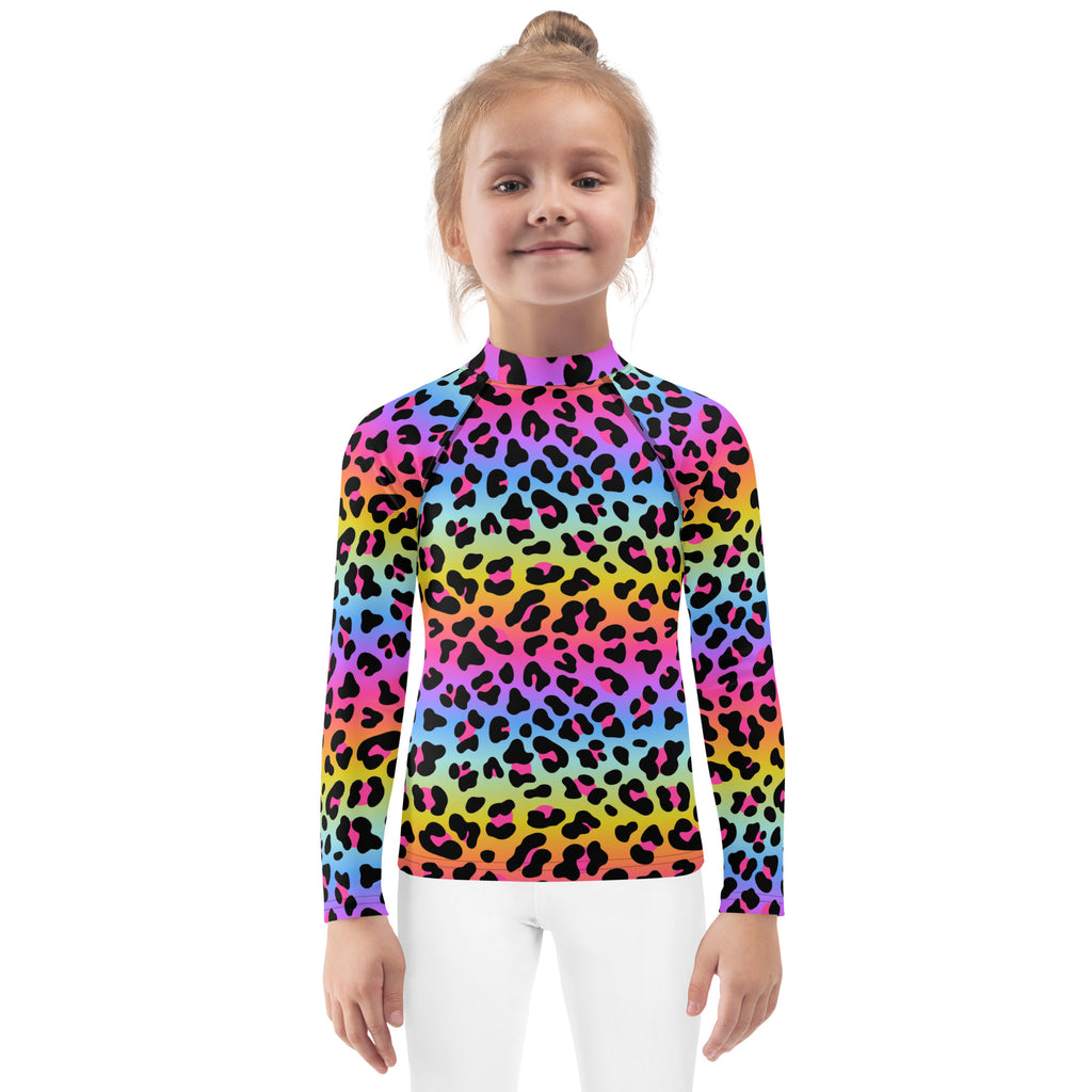 Girls Rainbow Cheetah Long Sleeve Rash Guard Swim Shirt - UPF 50+