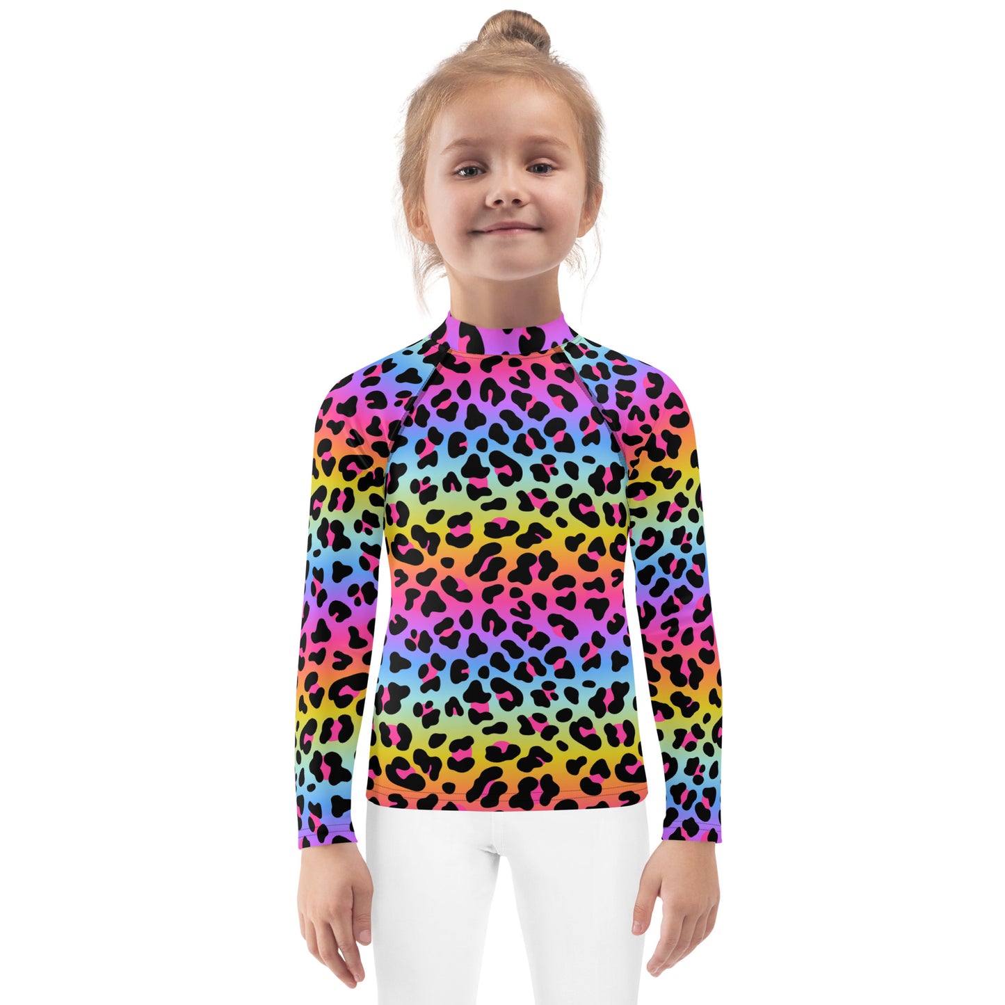Girls Rainbow Cheetah Long Sleeve Rash Guard Swim Shirt - UPF 50+