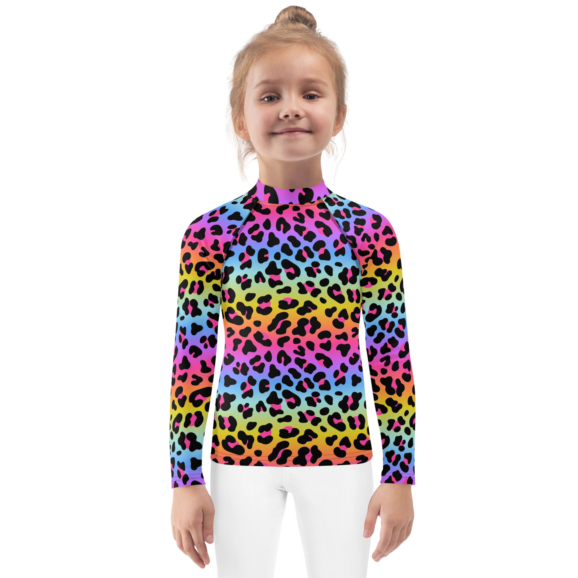 Girls Rainbow Cheetah Long Sleeve Rash Guard Swim Shirt - UPF 50+