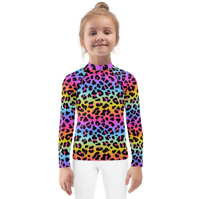 Girls Rainbow Cheetah Long Sleeve Rash Guard Swim Shirt - UPF 50+