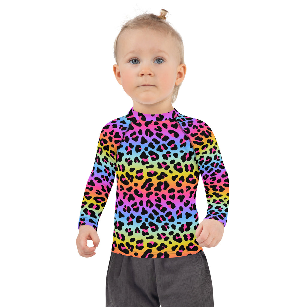 Girls Rainbow Cheetah Long Sleeve Rash Guard Swim Shirt - UPF 50+