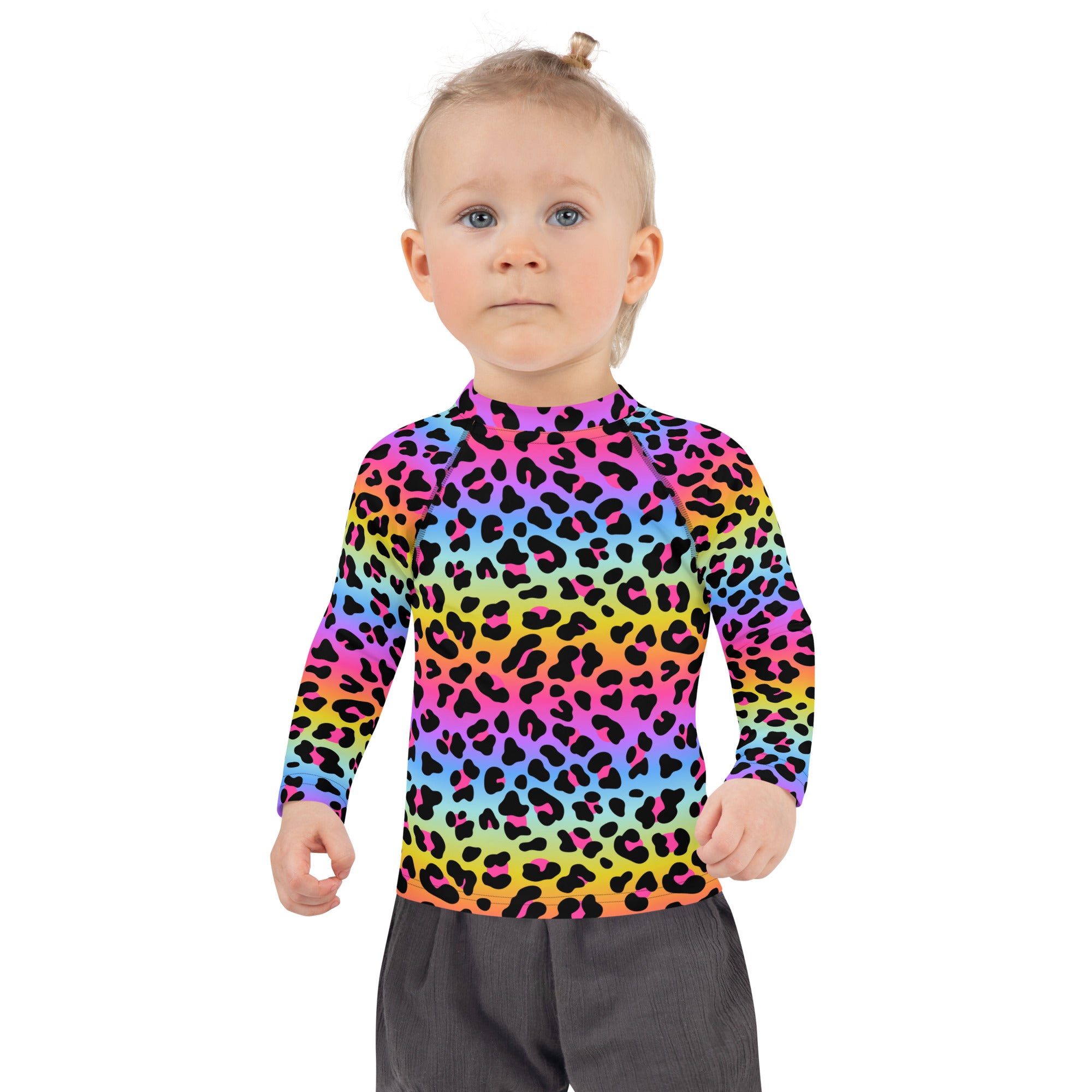 Girls Rainbow Cheetah Long Sleeve Rash Guard Swim Shirt - UPF 50+