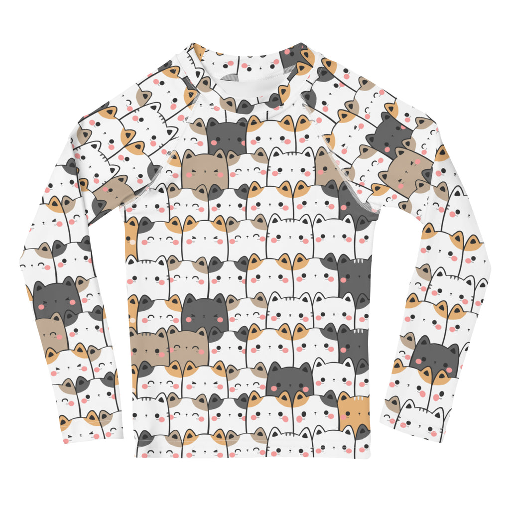 Girls Kawaii Cat Face Long Sleeve Rash Guard Swim Shirt With UPF 50+