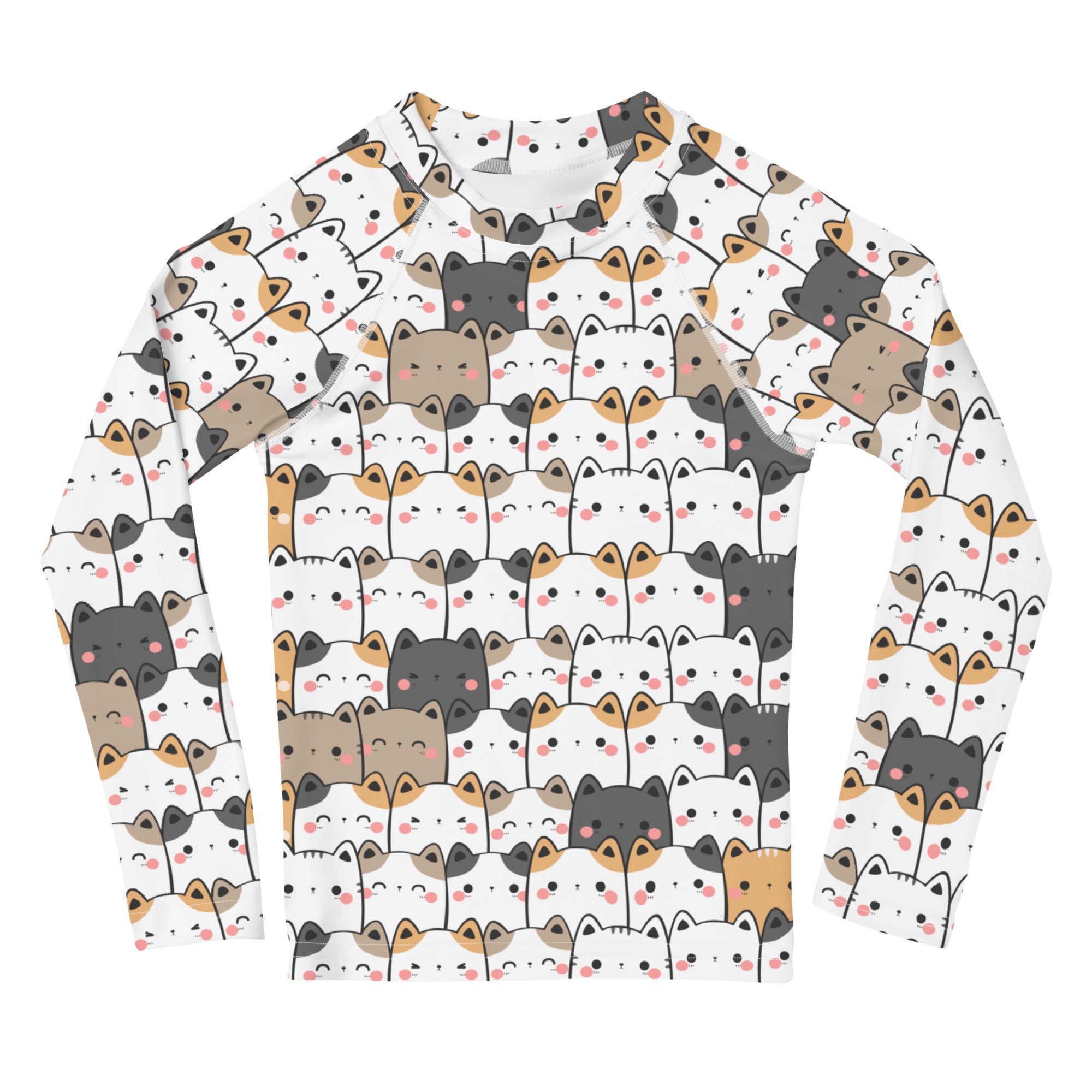 Girls Kawaii Cat Face Long Sleeve Rash Guard Swim Shirt With UPF 50+