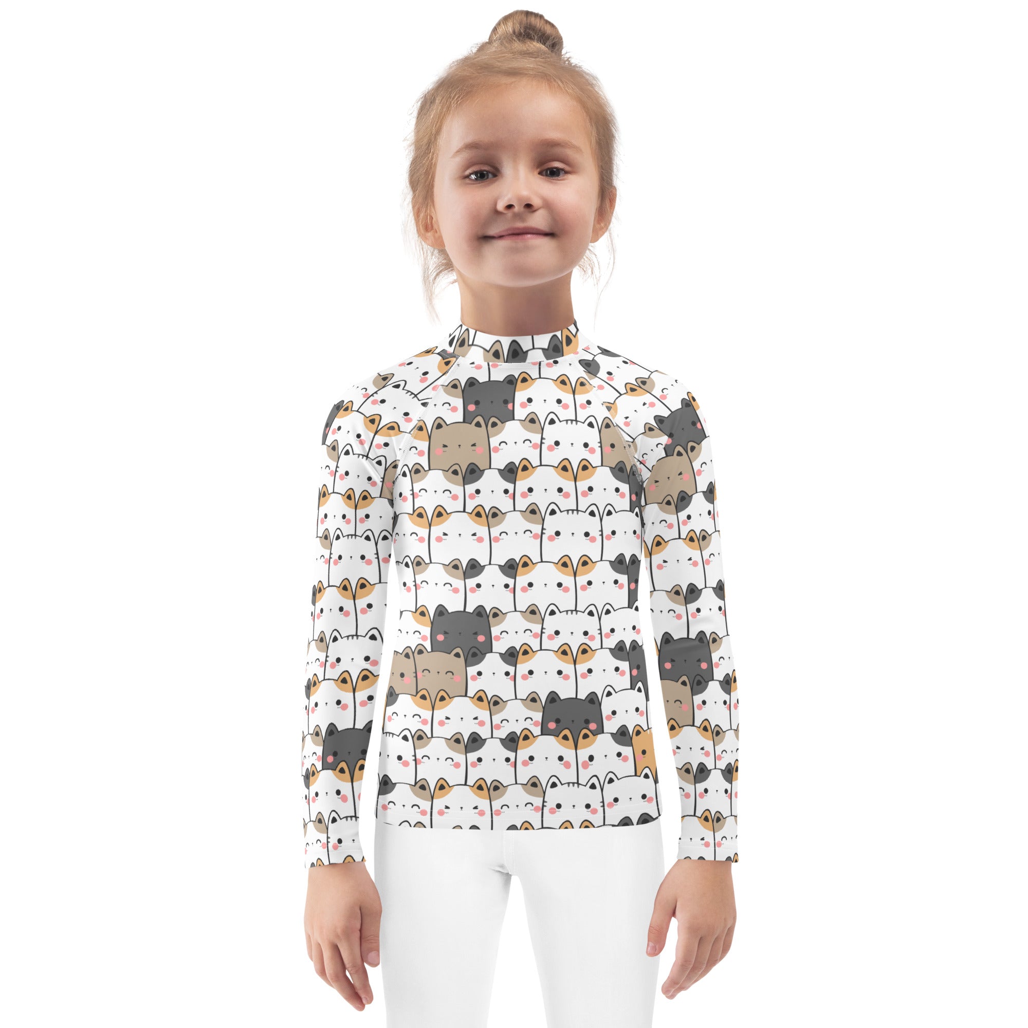 Girls Kawaii Cat Face Long Sleeve Rash Guard Swim Shirt With UPF 50+