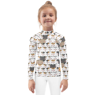 Girls Kawaii Cat Face Long Sleeve Rash Guard Swim Shirt With UPF 50+