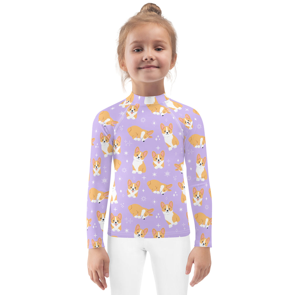 Girls Purple Corgi Dog Long Sleeve Rash Guard Swim Shirt With UPF 50+