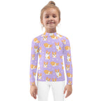 Girls Purple Corgi Dog Long Sleeve Rash Guard Swim Shirt With UPF 50+
