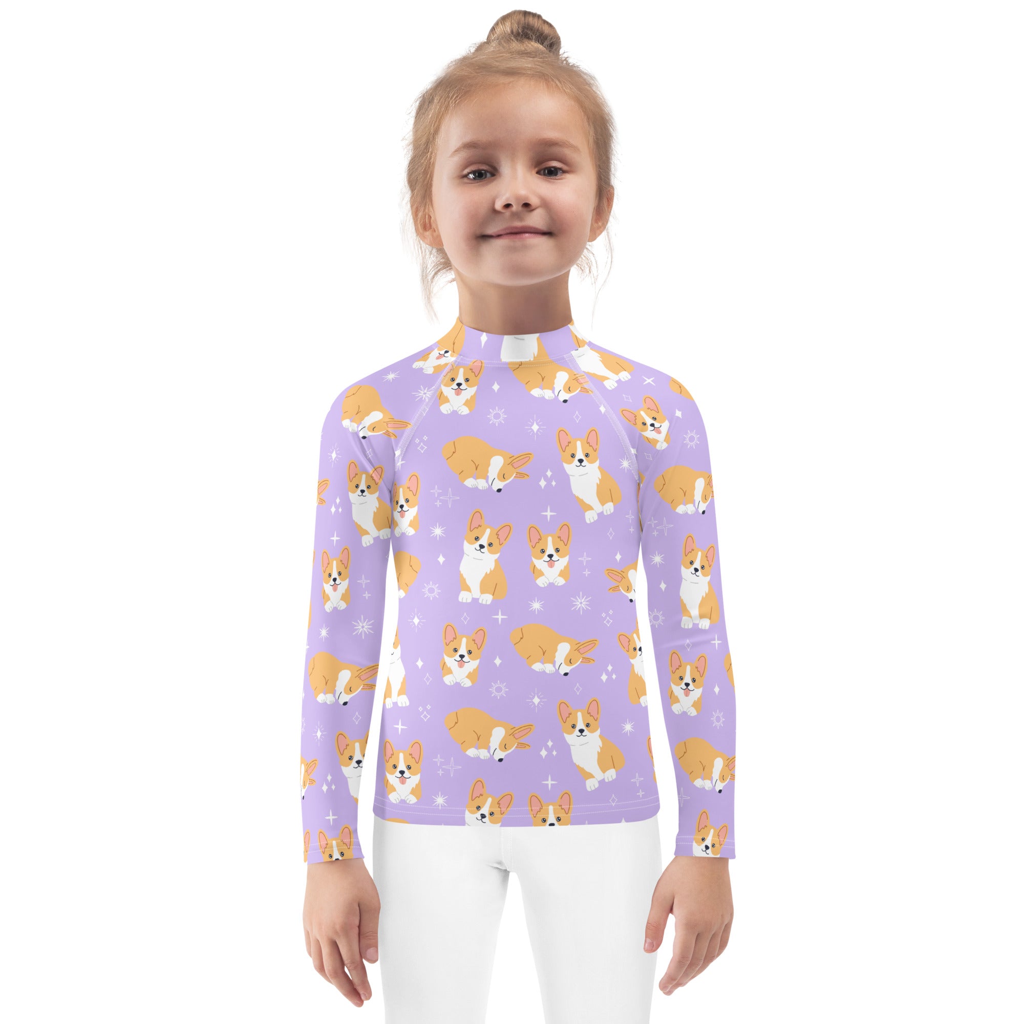 Girls Purple Corgi Dog Long Sleeve Rash Guard Swim Shirt With UPF 50+