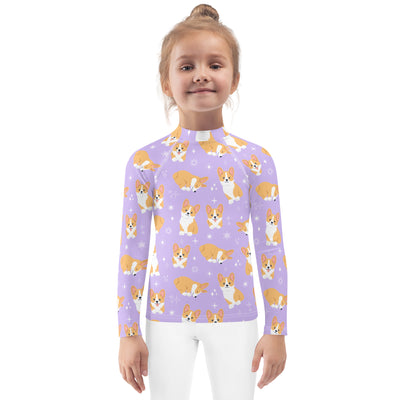 Girls Purple Corgi Dog Long Sleeve Rash Guard Swim Shirt With UPF 50+