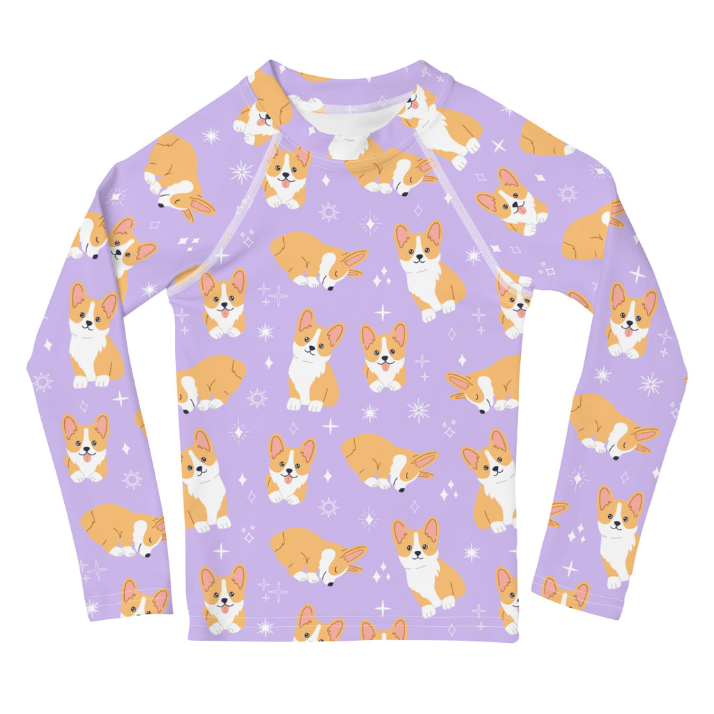 Girls Purple Corgi Dog Long Sleeve Rash Guard Swim Shirt With UPF 50+
