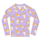 Girls Purple Corgi Dog Long Sleeve Rash Guard Swim Shirt With UPF 50+