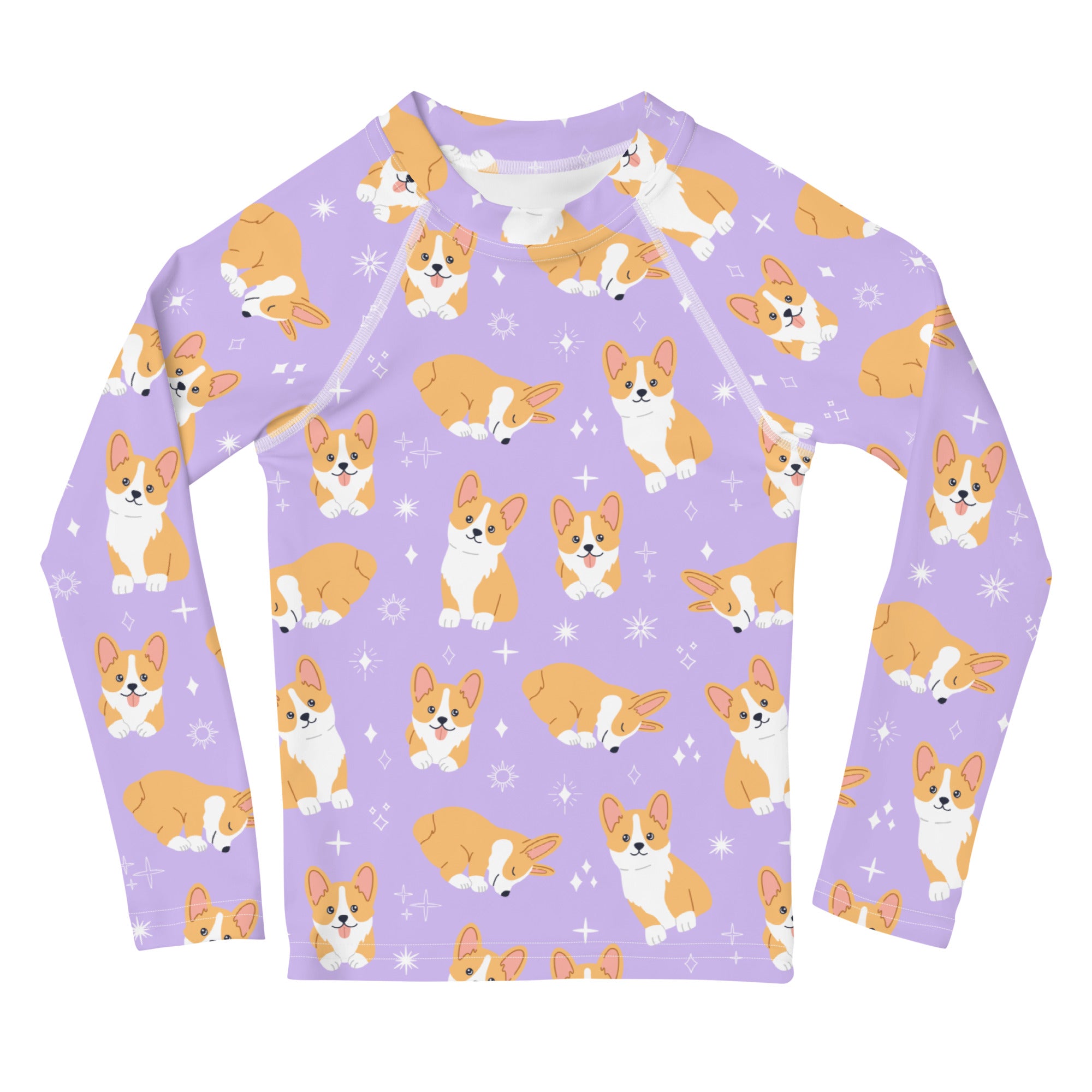 Girls Purple Corgi Dog Long Sleeve Rash Guard Swim Shirt With UPF 50+