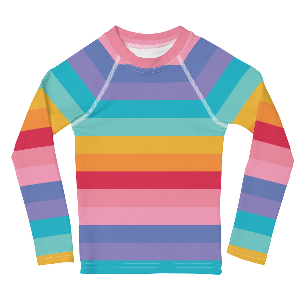 Girls bright rainbow long sleeve rash guard swim shirt with horizontal pink purple teal yellow and orange stripes and UPF 50+