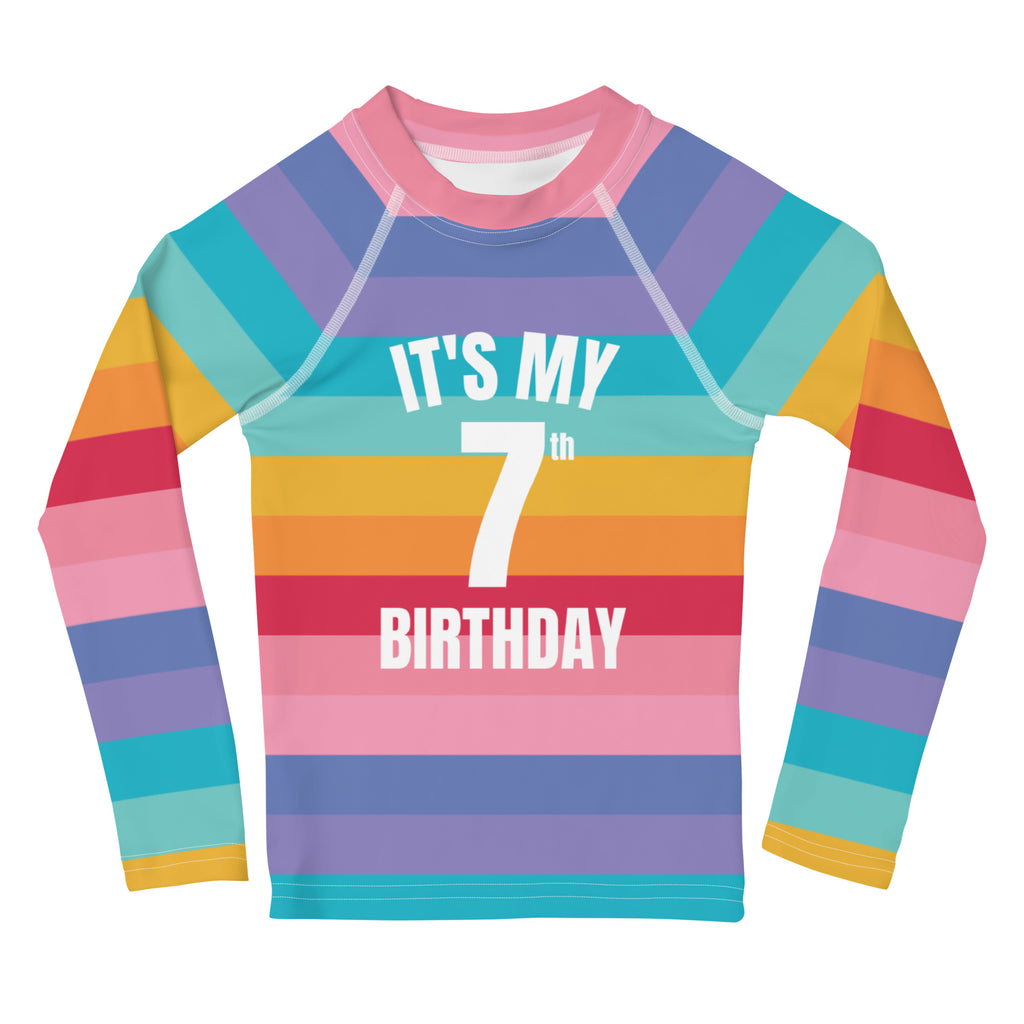 Girls bright striped rainbow long-sleeve rash guard with upf 50 plus and custom age birthday print in white