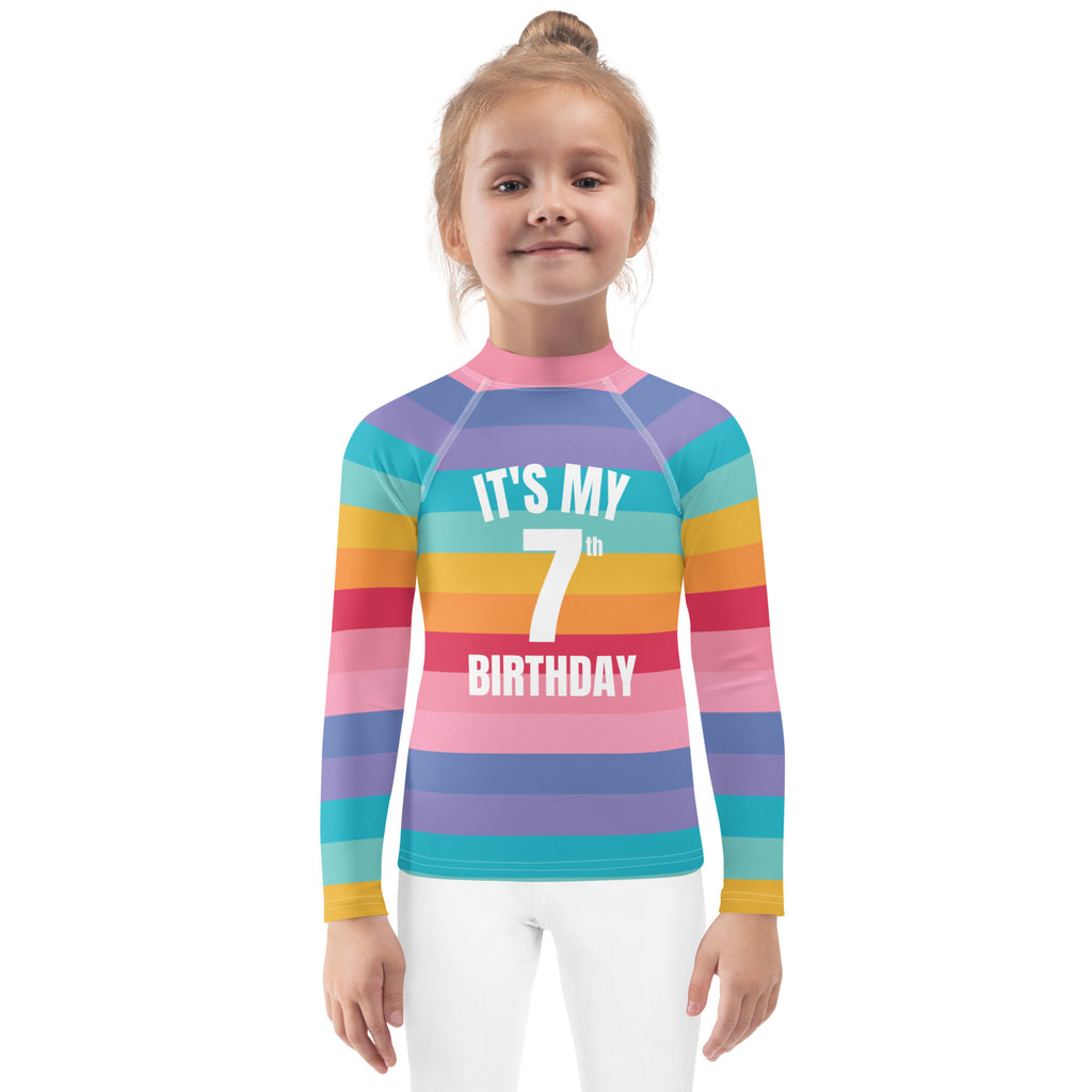 Girls bright striped rainbow long sleeve rash guard with upf 50+ and its my 7th birthday white print
