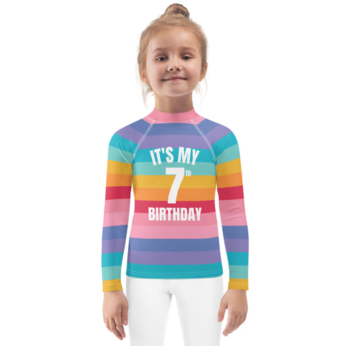 Girls bright striped rainbow long sleeve rash guard with upf 50+ and its my 7th birthday white print