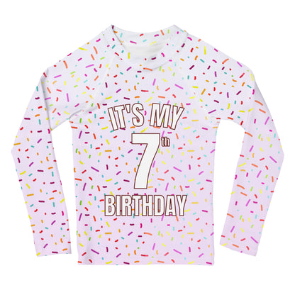 Girls Rainbow Sprinkles Custom Age It's My Birthday Rash Guard Swim Shirt With UPF 50+