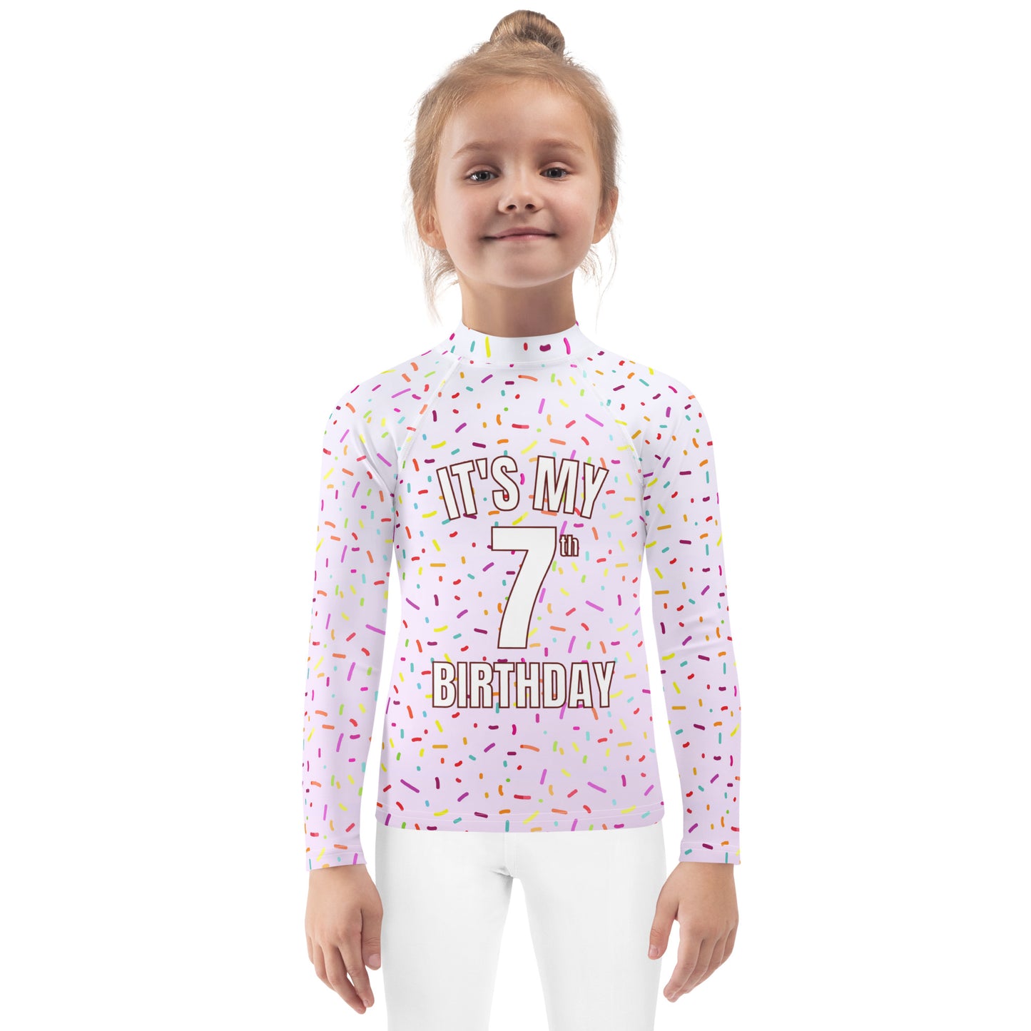 Girls Rainbow Sprinkles Custom Age It's My Birthday Rash Guard Swim Shirt With UPF 50+